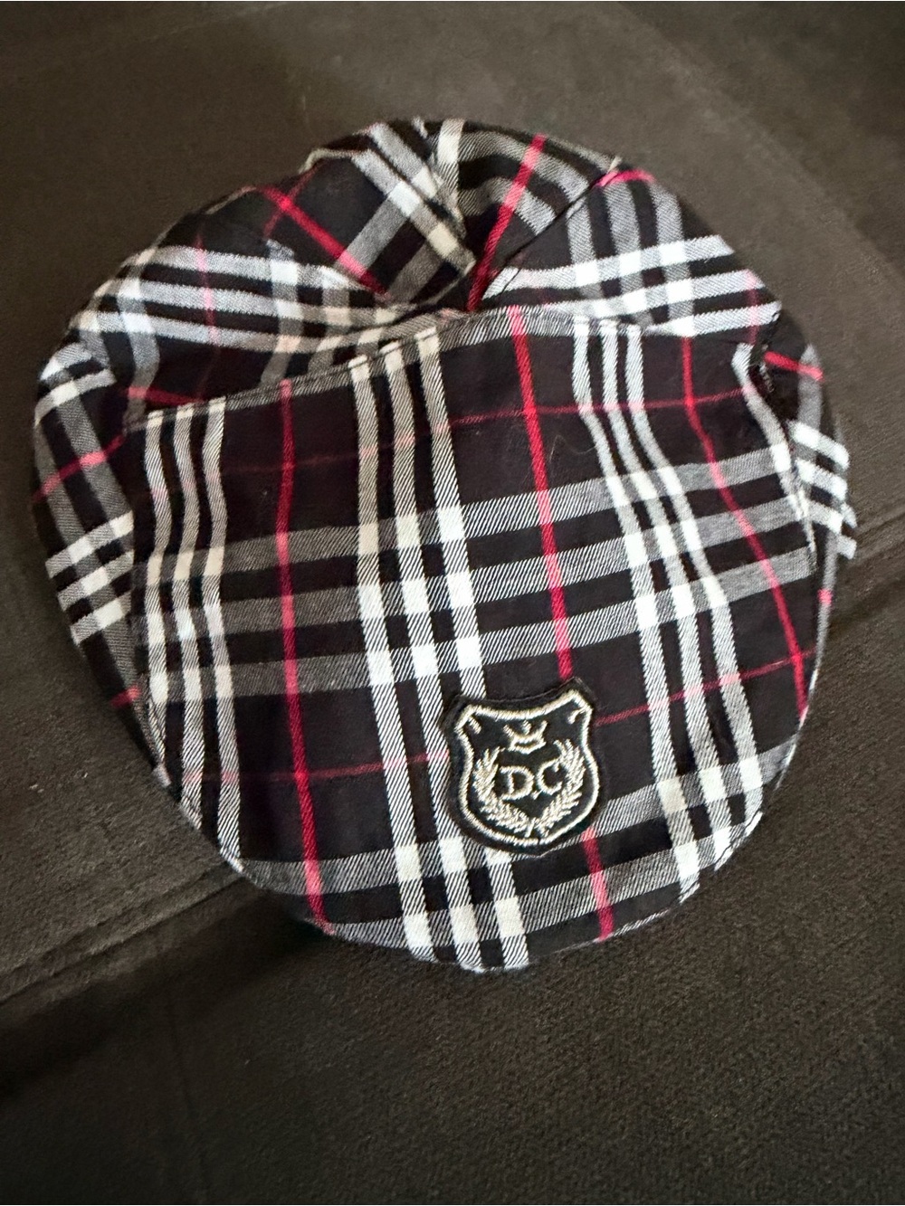 Plaid Kids Newsboy Cap with Crest - Black/White/Red